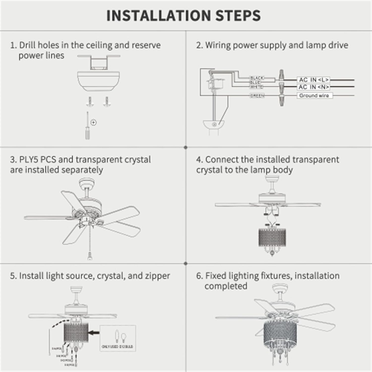 52" Classic Crystal Ceiling Fan Light 3-speed Hand Pull Chain, 5 Reversible Blades, Lighted Ceiling Fan, Lighting and Blowing in One, Suitable for Living Room, Bedroom, Chrome, 3 Pieces * E12
