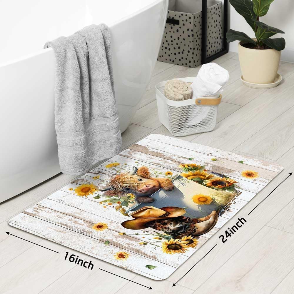 Aperturee Cute Highland Cow Bathroom Sets with Shower Curtain and Rugs,Farmhouse Western Cowboy Sunflowers,Bathtub Decor with 12 Hooks Bath Mat Set Bathroom Decor