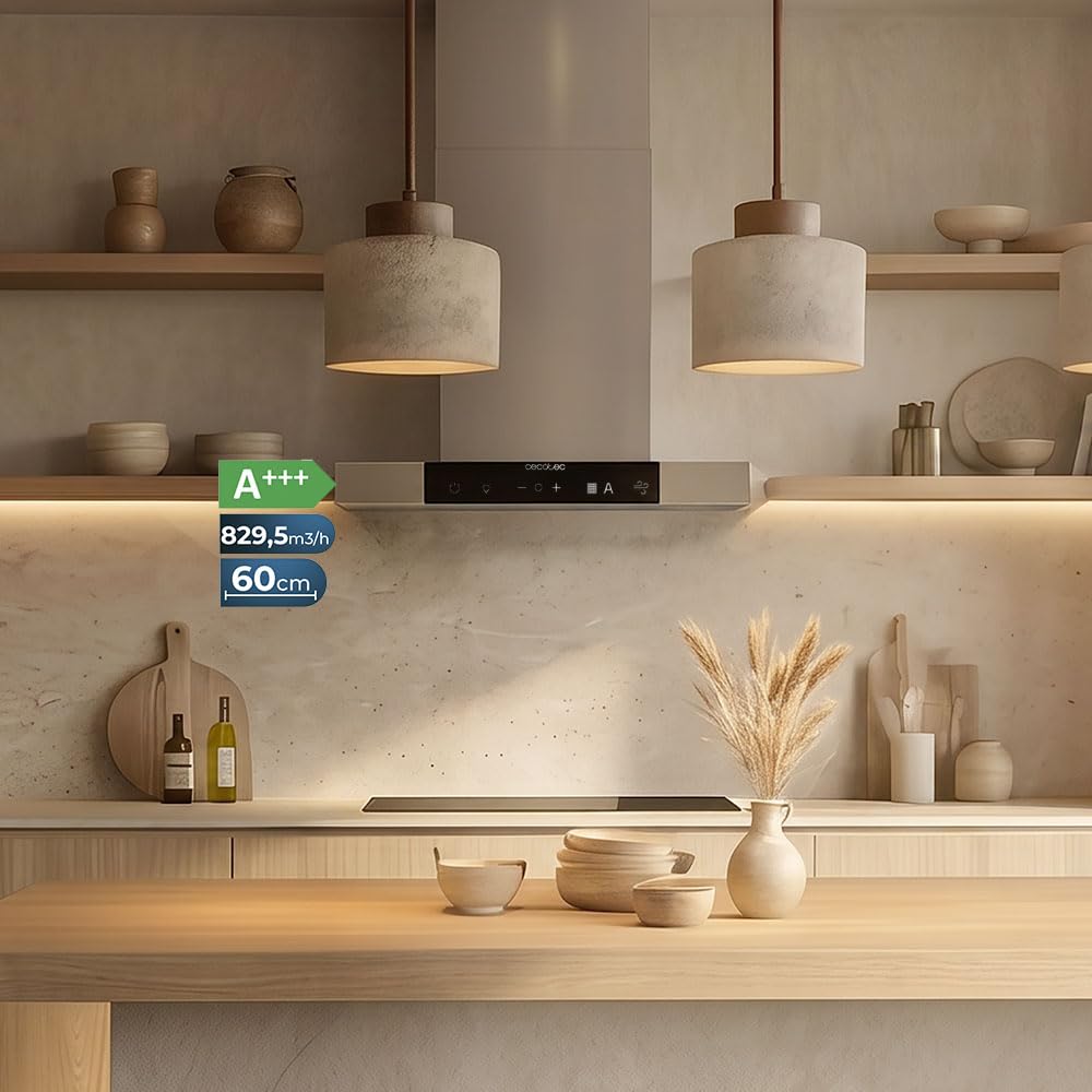 Cecotec Hotte Aspirante en Forme de T 60 cm Bolero Flux TT 609500 Slim Inox A+++. Aspiration 829,5 m³/h, Hand Movement Control et Double Booster, Filtres Lavables, Classe A+++, Heat Sensor