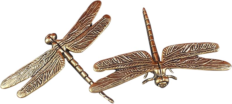 2PCS Golden Brass Dragonfly Figurine, Small Metal Insect Sculpture for Home Decor Animals Feng Shui Table Ornament Decorative Brass Dragonfly Statue for Office Desktop and Shelves