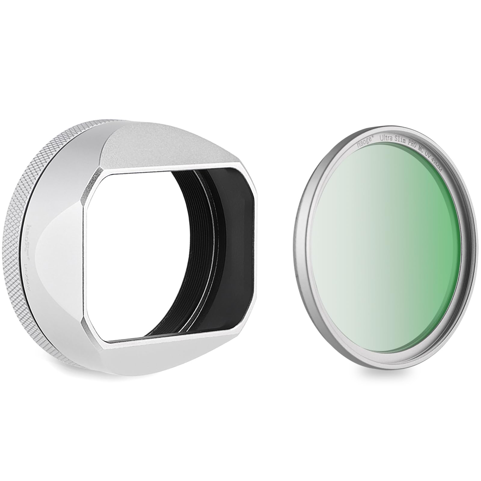 Haoge LH-X54W Square Metal Lens Hood and Silver 49mm Ultra Slim MC UV Protection Multicoated Ultraviolet Lens Filter for Fuji X100VI X100v Digital Camera