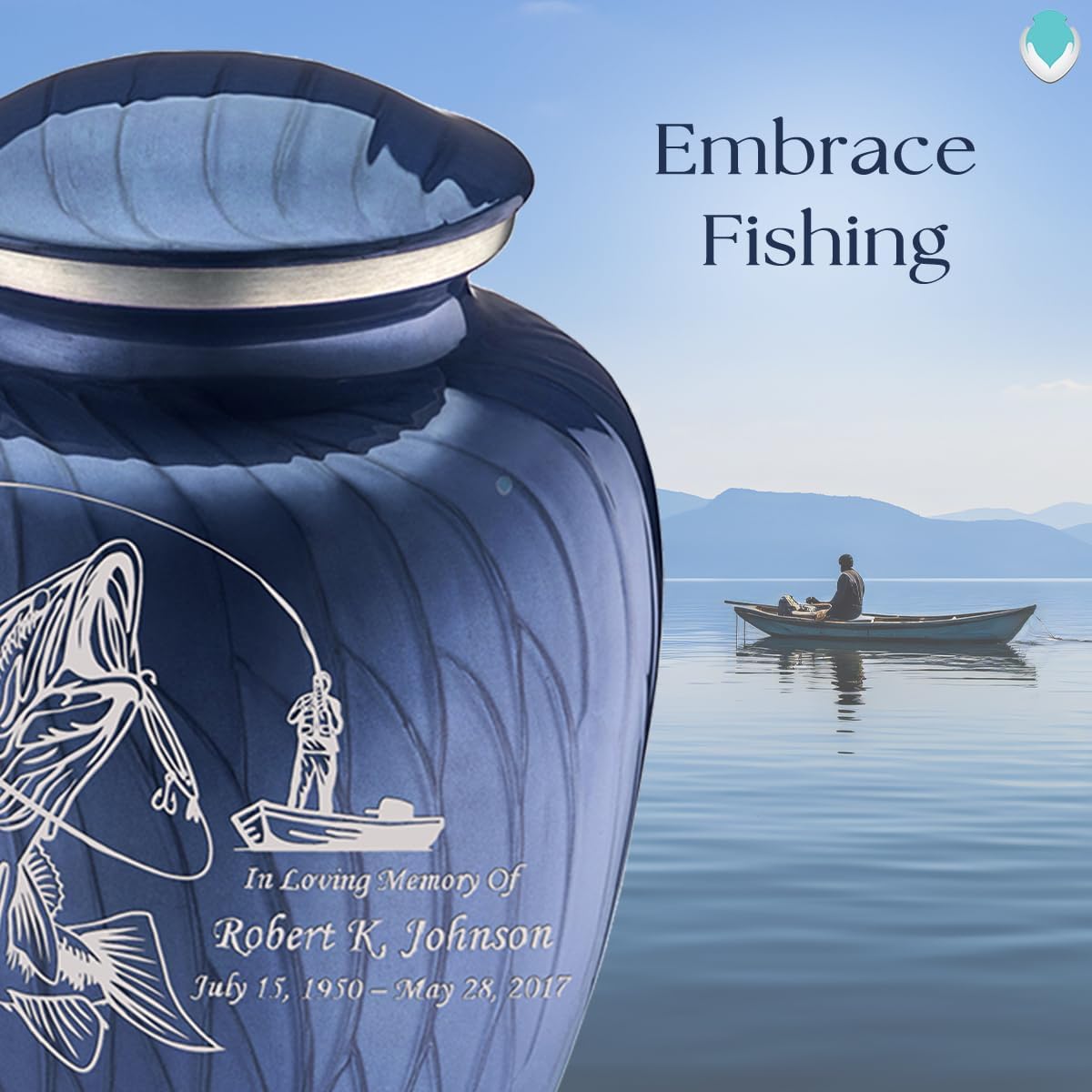 Geturns Embrace Adult Personalized Fishing Cremation Urns for Human Ashes I Large Pearl Cobalt Blue Funeral Urn for Men and Women I 200 lbs