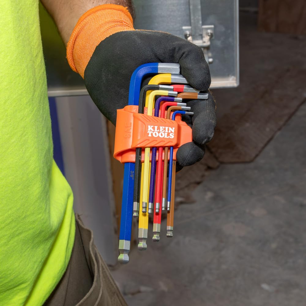 KLEIN TOOLS CBLS19 - Set di chiavi a brugola a testa cilindrica, SAE e metrica, a L, con rivestimento a polvere, codice colore, 3/32 a 3/8" e da 1,5 a 10 mm, 19 pezzi