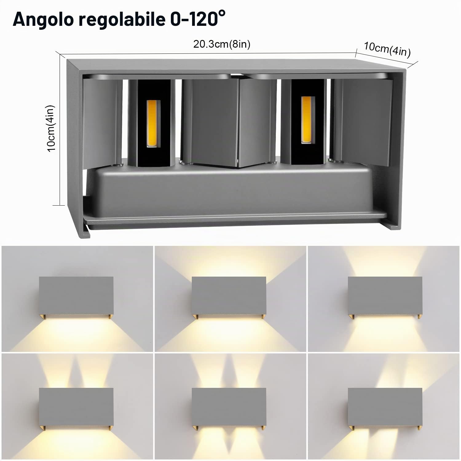 Kingwen Applique da Parete LED 20W 3000K Bianco Caldo Grigio 2 Pezzi | Angolo del Fascio Regolabile, Esterno/Interno, IP65 Impermeabile