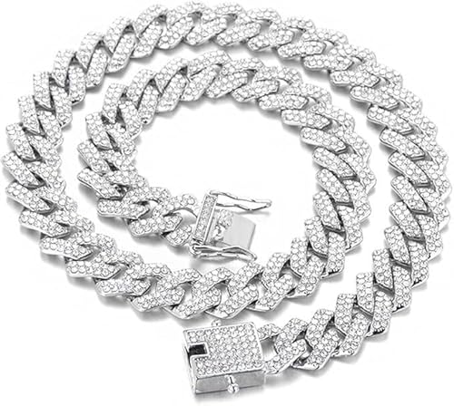 MIRKUZI Collane da uomo, Catena da uomo Catena cubana Collana di cristalli di ghiaccio Rapper hip hop Gioielli da uomo Regali Regali per uomo 50 cm (12 mm) Argento