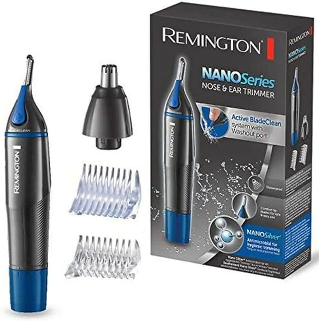 Remington trymer do nosa i uszu, powłoka antybakteryjna z nanosrebrem, dwustronny trymer, obrotowa głowica, zaokrąglone ostrza, nakładki grzebieniowe, szary, Hygiene Clipper NanoSeries NE3850