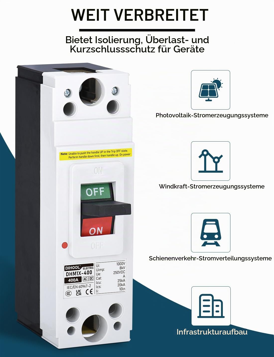 DIHOOL 400A PV MCCB DC Trennschalter,1,Polig,DC250V, Photovoltaik Kompakte Leistungsschalter, für PV,Solaranlage Solarmodule Netzsystem