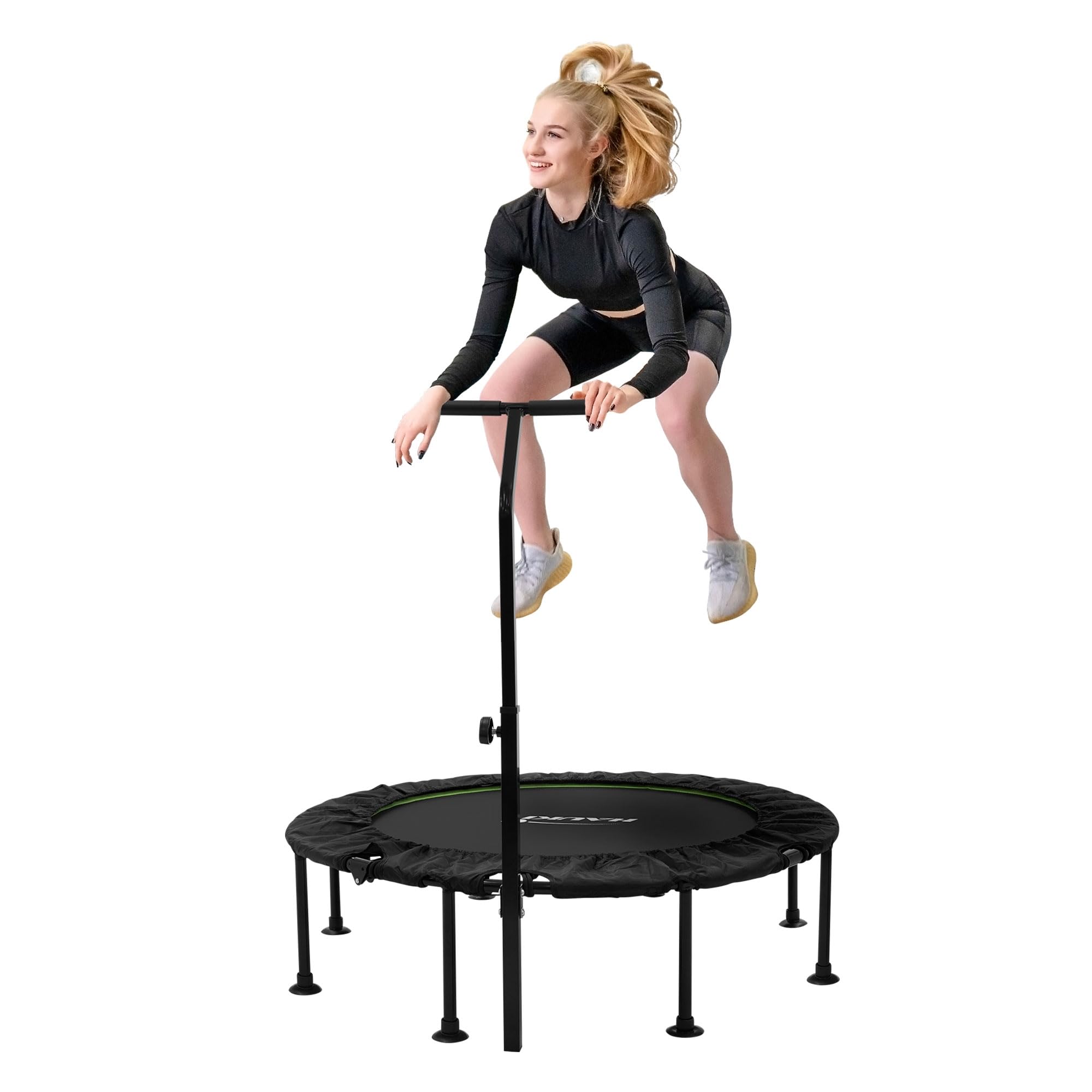 Hauki Trampolino Fitness Indoor con Maniglia Ø102cm/Ø122cm, Regolabile in Altezza, Capacita 150 kg Tappeto Elastico Silenzioso per Adulti, Mini Trampolino con Bungee, Rebounder per Esercizi a Scelta