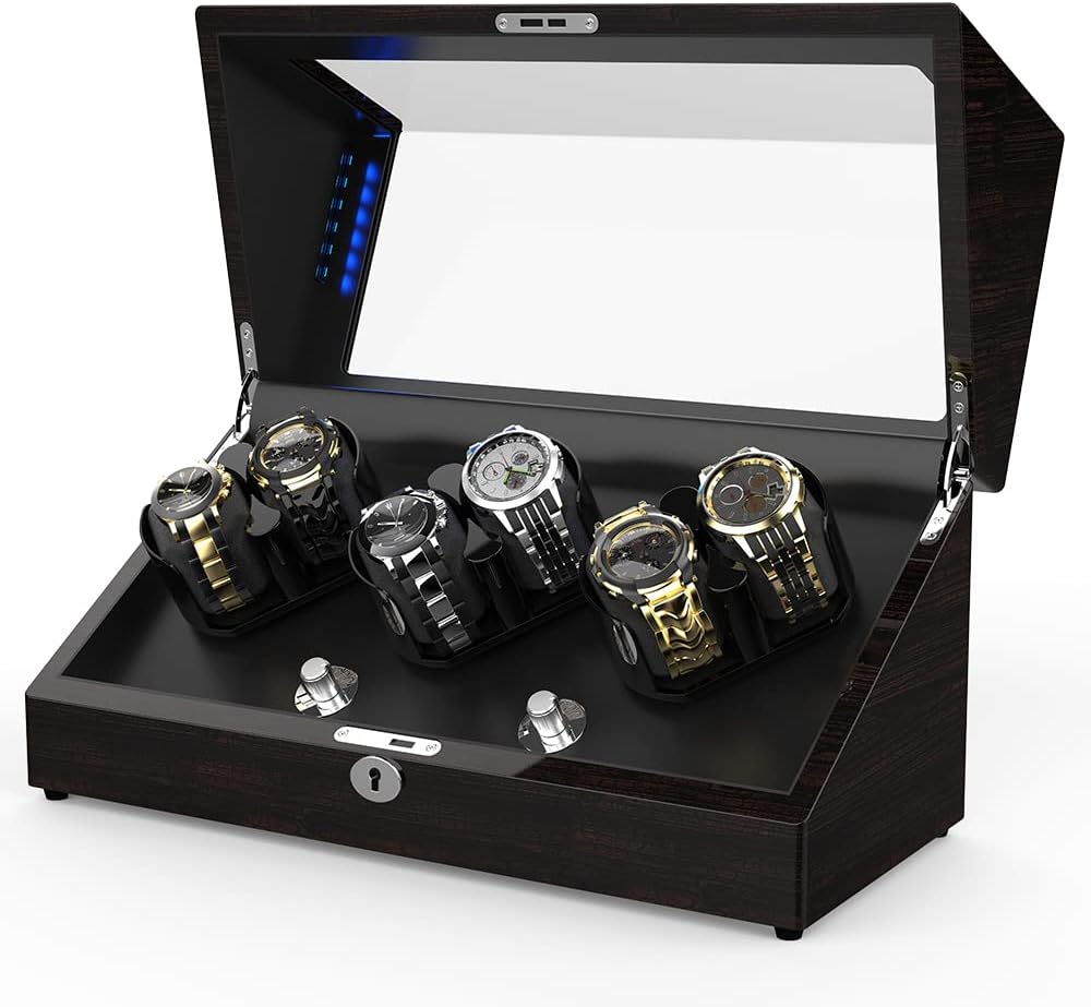 TRIPLE TREE Watch Winder for 6 Automatic Watches, with Soft and Flexible Watch Pillows, Wooden Shell, Powered by Japanese Motor, Built-in Blue LED Illuminated, with USB Cable for Portable Power, black