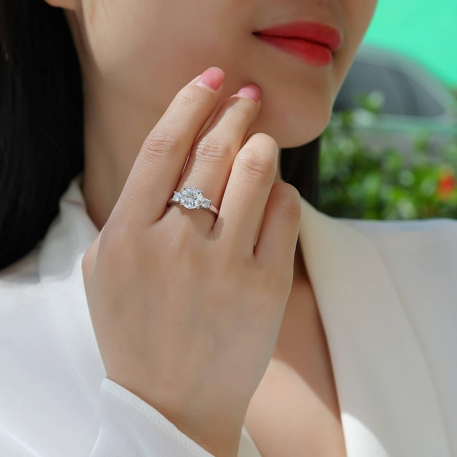 Ringe Frauen Zart, Damenring Daumen Schmaler, Glatter Ring mit 2 Ct Rundem Moissanit Silber 14K Weißgold Größe 57 (18.1)