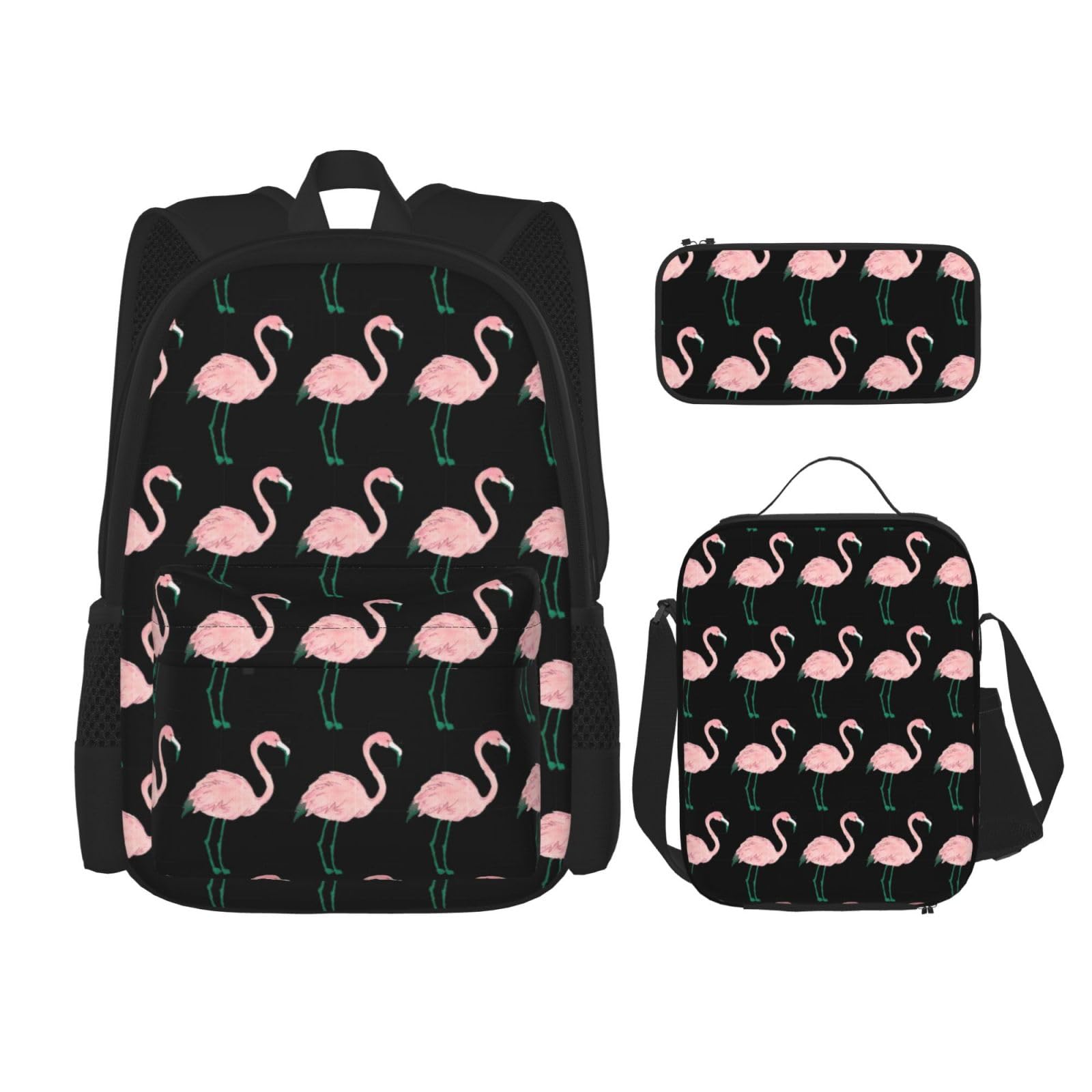 Juego de 3 mochilas escolares pintadas a mano con estampado de pájaro flamenco, gran capacidad, resistente al agua, mochila para laptop con bolsa de almuerzo aislada y estuche para lápices