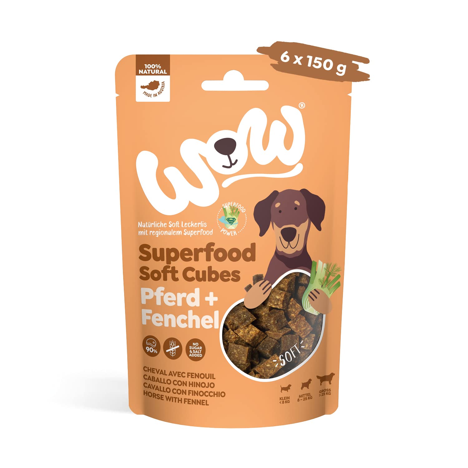 Wow Soft-Snacks I Cubes Pferd I Pferdefleisch mit Fenchel für Hunde I 100 Prozent Natur I Nahrungsergänzung I Belohnung beim Spiel & Training (6X 150g)