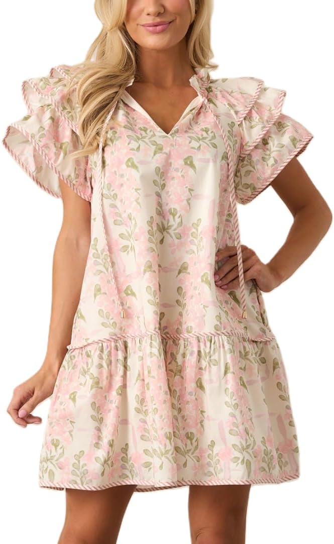 Lordree Women Boho Ruffle Sleeve Mini Dress Summer Trendy Floral Print Short Sleeve V Neck Cute Babydoll Loose Flowy Dress