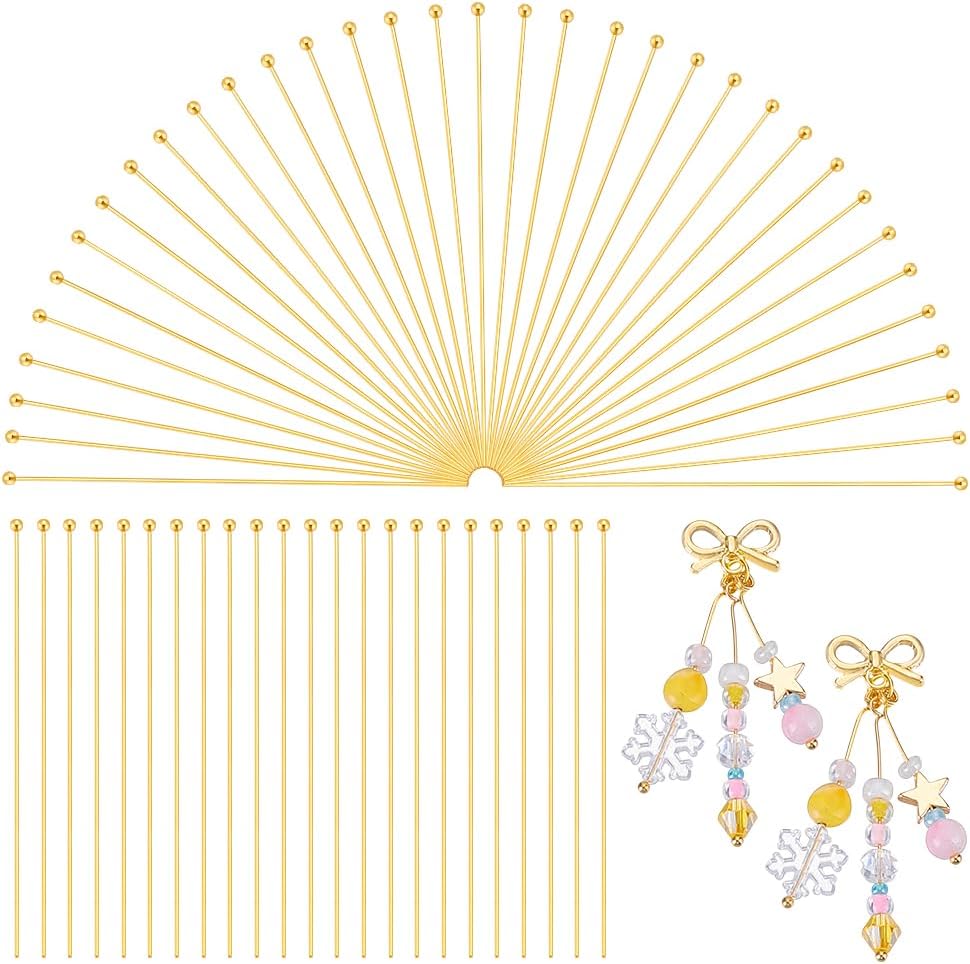 PH PandaHall 200Pcs 24K Gold Plated Stainless Steel Head Pins 50mm Ball Head Pins Jewelry Making Pins 22 Guage Beading Pin for DIY Charm Earrings Braceles Necklaces Crafts Jewelry Making