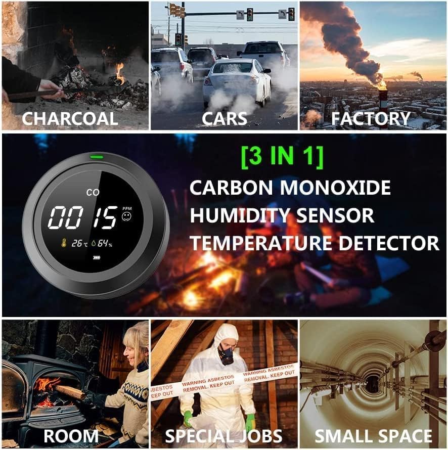 Images showing various scenarios where the HAKINAKU PTH-12 detector can be used, including near charcoal fires, inside cars, factories, rooms with wood stoves, special jobs, and small spaces.
