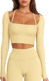 LASLULU Womens Sexy Halter Neck Crop Top Seamless Long Sleeve Workout Tops