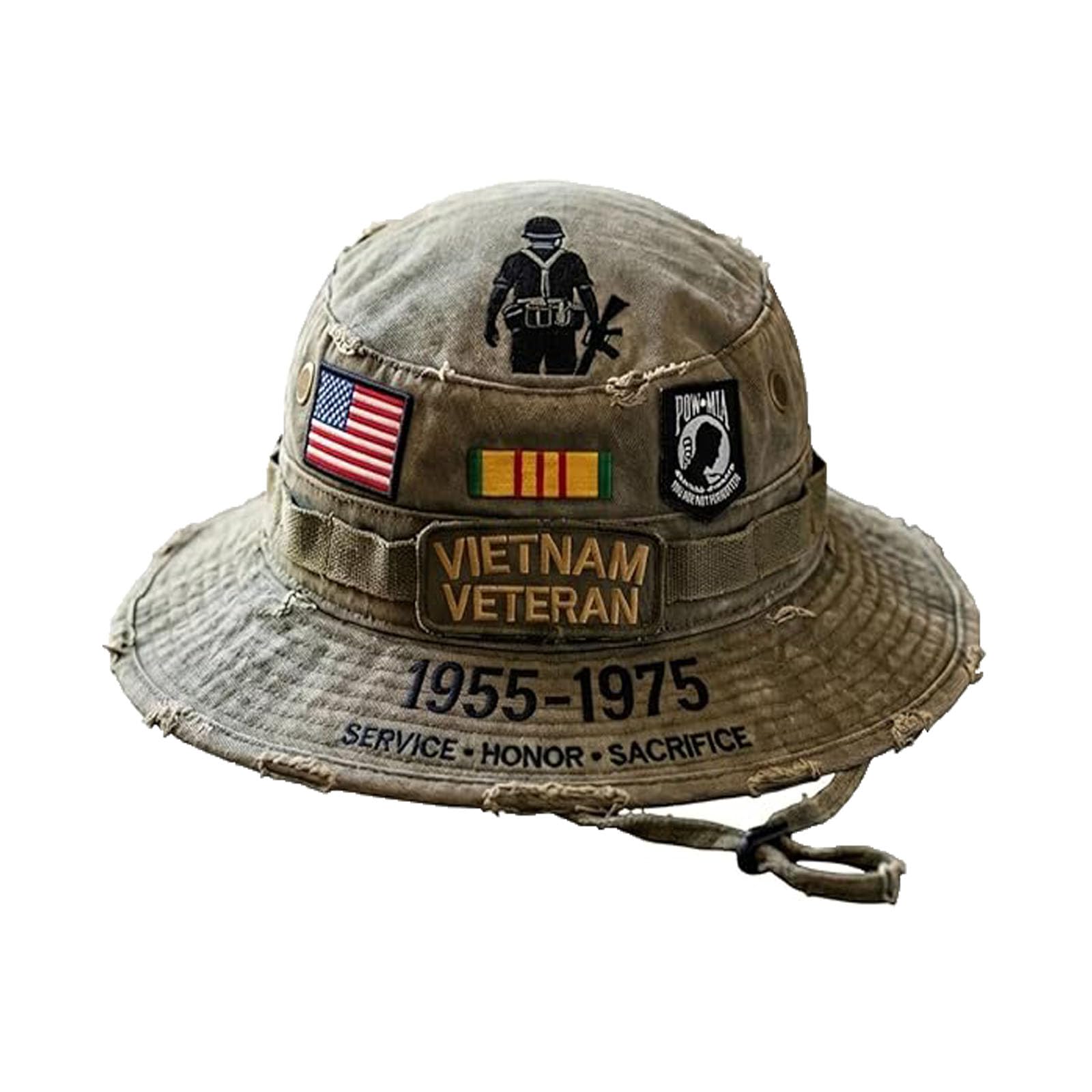 Vietnam Veteran Tribute Boonie Hat Embroidered Patriotic Military Outdoor Bucket Hat with Flag Patch Retro Camo Sun Hats Meaningful for Veterans Men Durable Breathable Fishing Hiking Cap (1pcs)