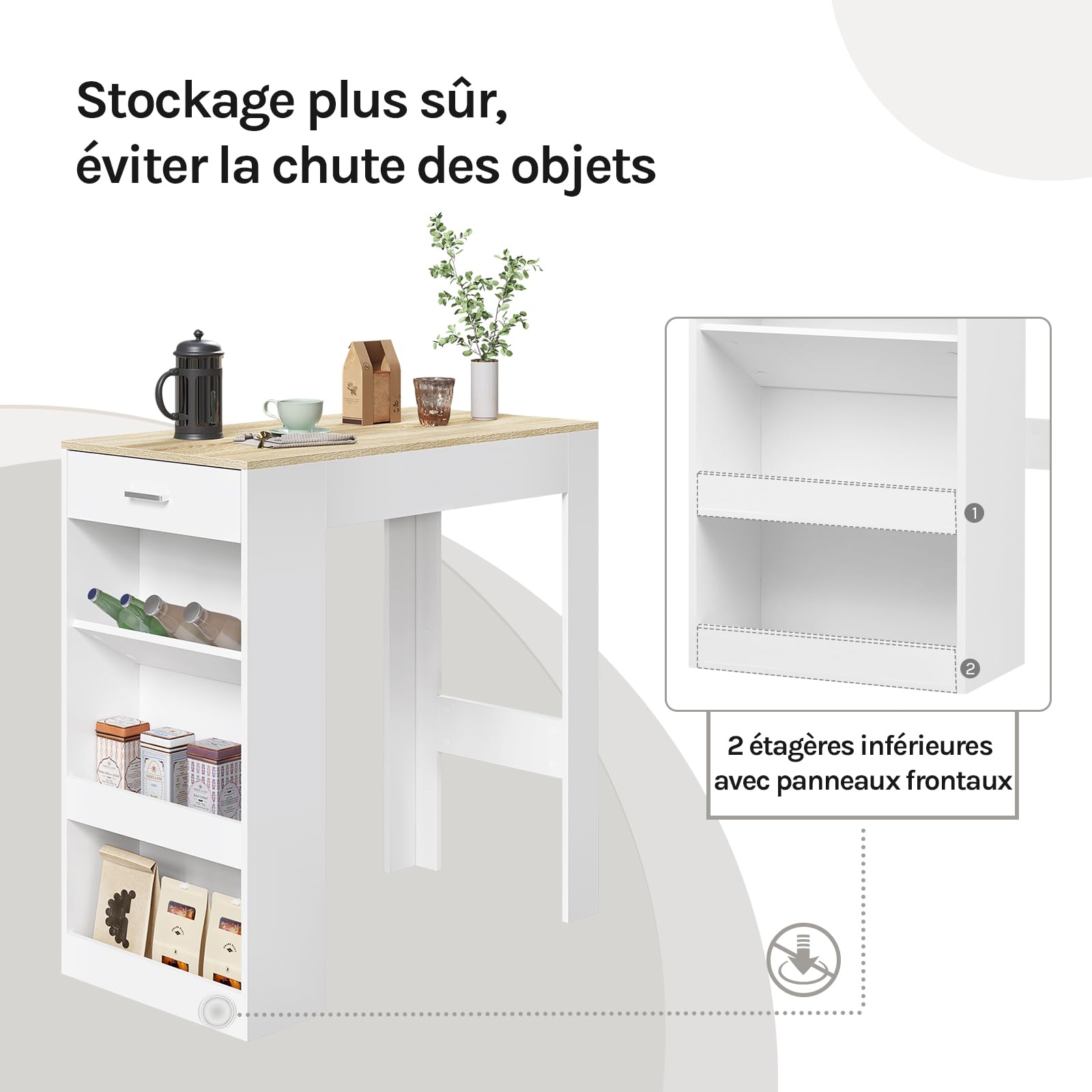 WOLTU Table de Bar, Table Haute Cuisine, 1 Tiroir et 3 Compartiments Ouverts pour Rangement Latéral, en Bois d'Ingénierie (avec Planches en Bois, Chêne Clair + Blanc, 100 x 50 x 100 cm)