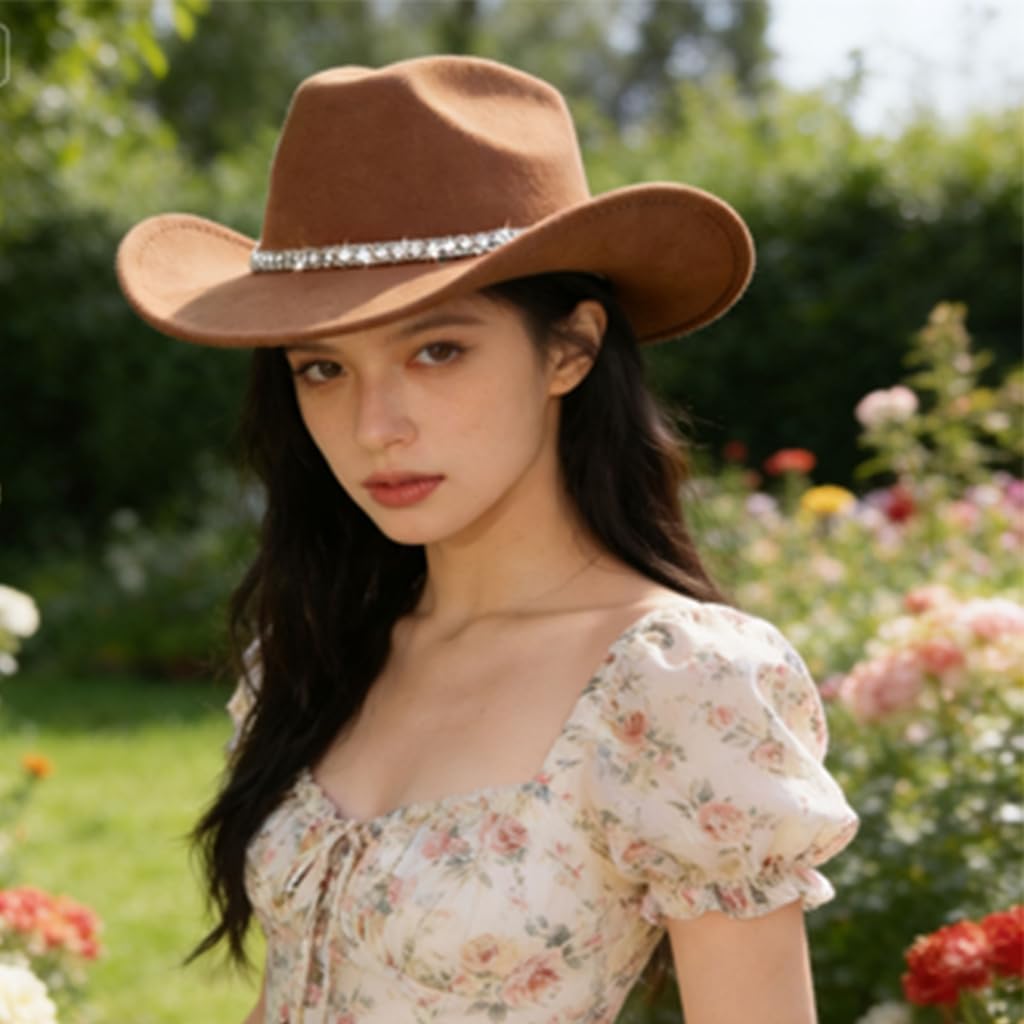 Elegant Rhinestones Embellished Western Hat in Soft Woolen Perfect for Festivals and Outdoor Use