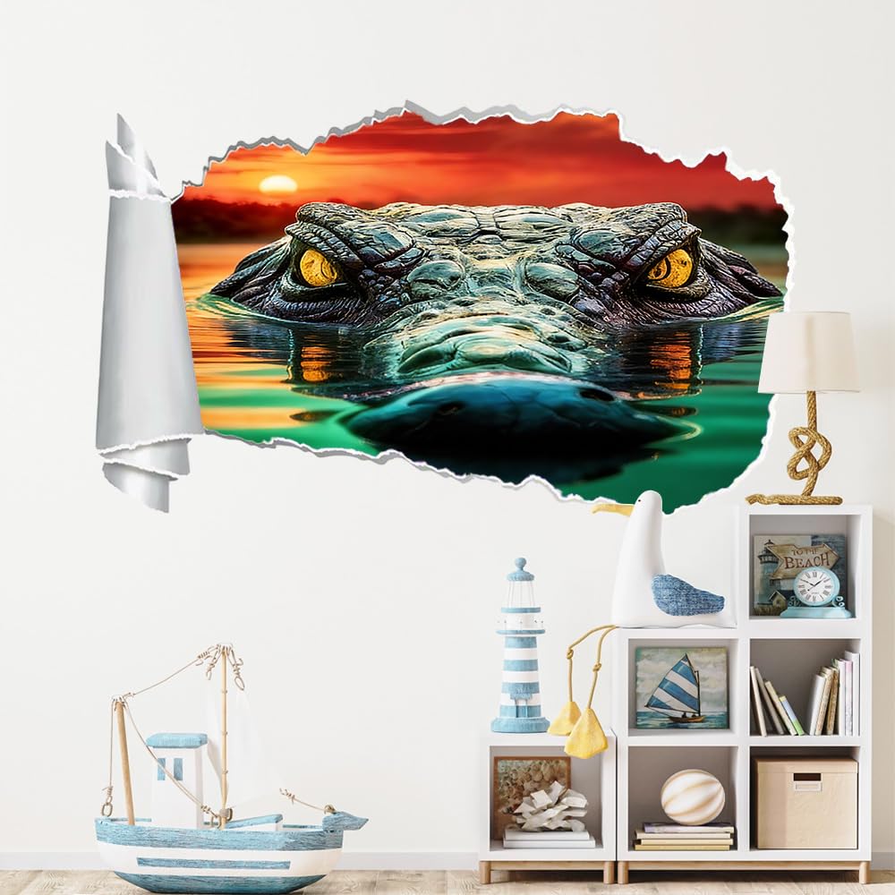 3D Wanddurchbruch Wandtattoo Krokodil Mädchen Wandaufkleber Sonnenuntergangsblick Junge Wandsticker Wanddeko Wandbild für Wohnzimmer Schlafzimmer Flur Kühlschrank 70x112cm