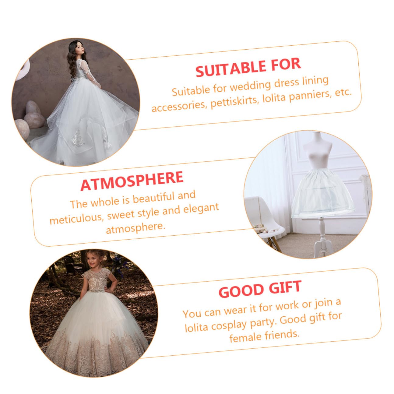 KOMBIUDA Tüllrock aus Polyester Lolita Unterrock Weißer mit Stahlring Verstellbar und Zugeschnitten Mehrlagig für Kinder Geeignet für Hochzeitskleider und Lolita Kostüme