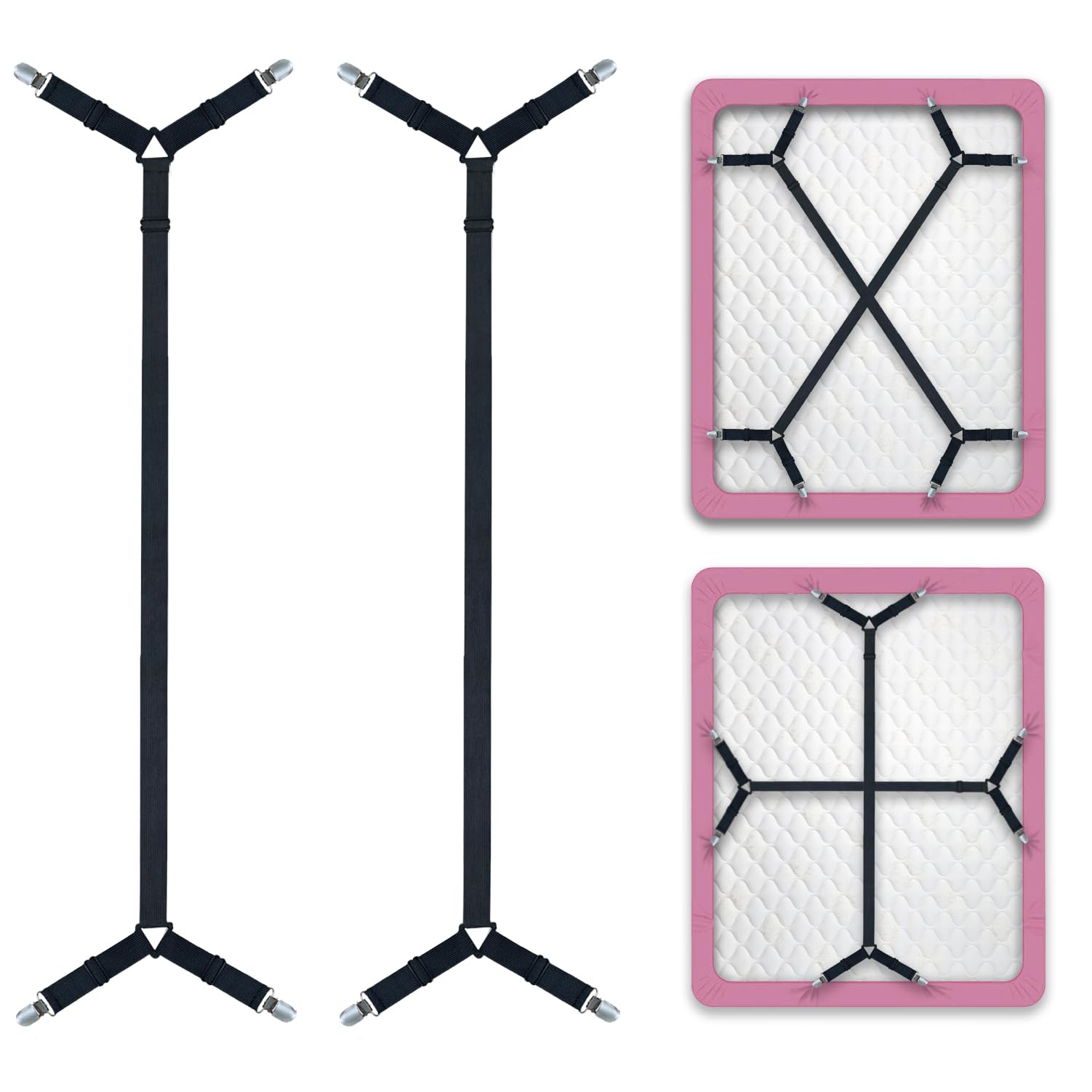 Bozenu Bed Sheet Straps/Fitted Sheet Holders for Corners - Keep Your Bed Sheets Firm & Tight with Premium Bed Scrunchies, Sheet Clips Black-2Pack