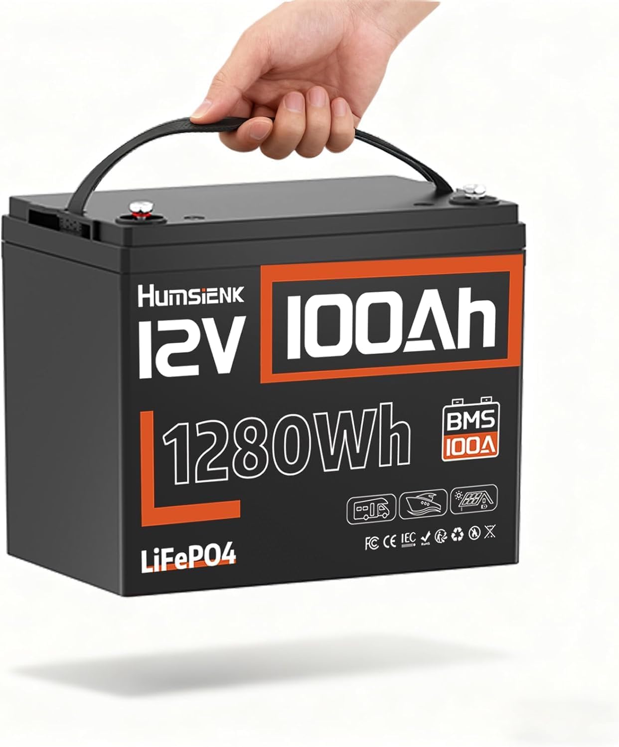 HumsiENK 12V 100Ah Lithium Iron Phosphate Battery, EV A+ Grade Cells, 10-Year Warranty, High Capacity 1280Wh, 15000 Cycles Life, IP67 Waterproof, 100A BMS, Solar, Camping Car, In-Car Stay, Emergency