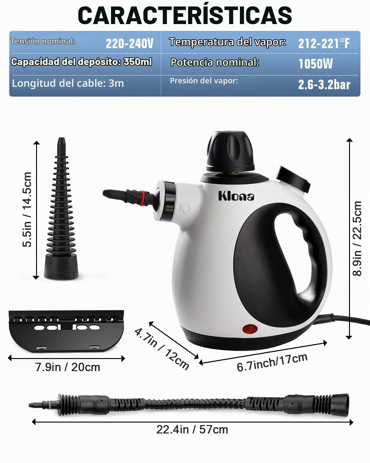 KLONA Limpiador a vapor hogar, portátil limpiador, con 10 accesorios | para alfombras, cortinas, sofás, cocina, baño y más | presión: 3,5 bar | potencia: 1050W | sin químicos
