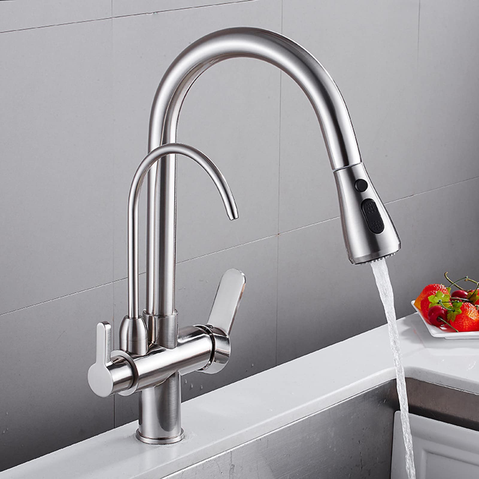 Grifo Osmosis 3 Vias Grifos Cocina Fregadero Extraible 2 Modos Grifo 3 Vias Osmosis Extraible Giratoria 360° Arco Alto Grifo Mezclador Cocina Grifería Fregadero,Cepillado