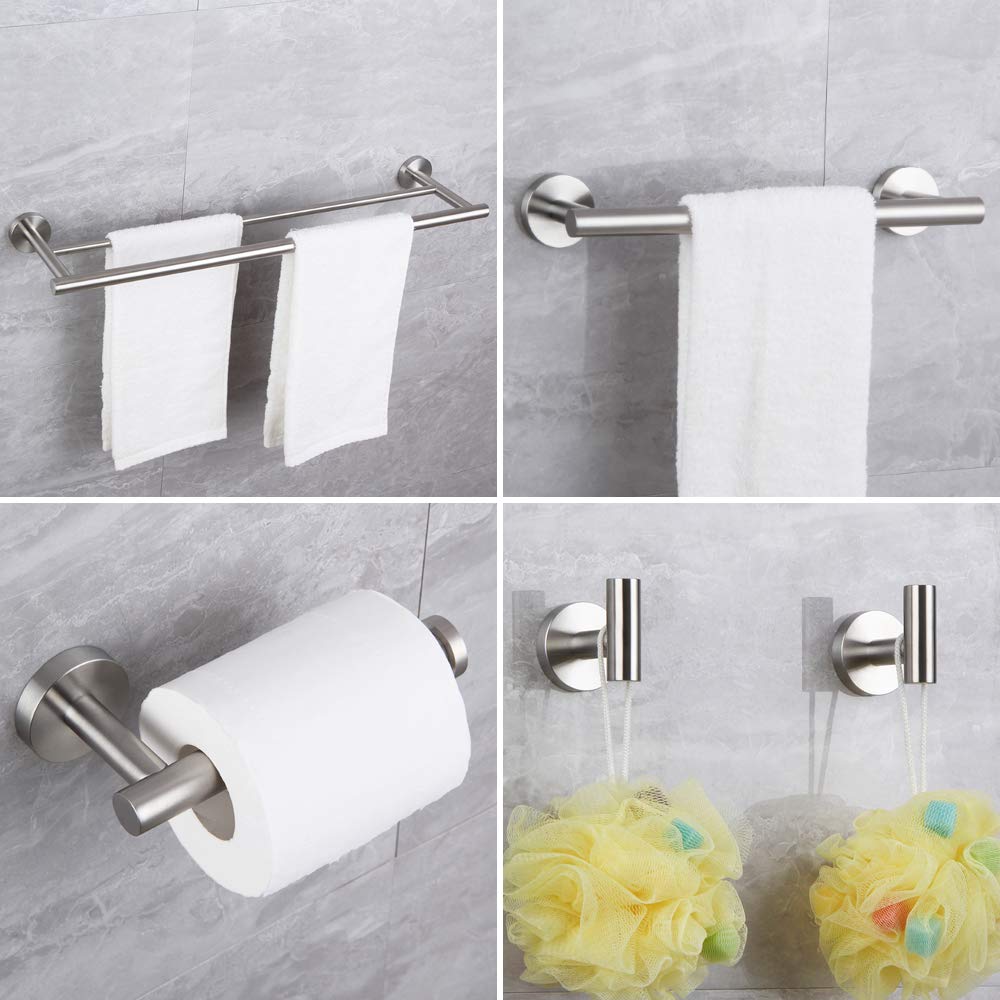 Juego de accesorios de baño de 5 piezas de accesorios de baño de acero inoxidable cepillado montado en la pared – Incluye barra de toalla doble de 18 pulgadas, barra de toalla de mano de 12 pulgadas,
