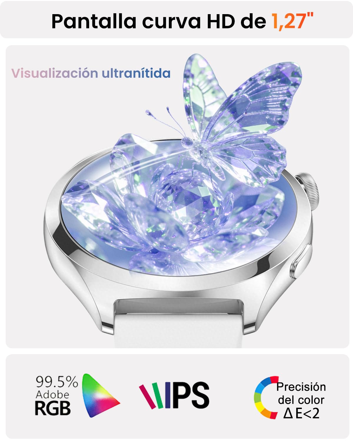 Reloj Inteligente Mujer Llamadas, Pantalla Curva HD de 1,27", Plata | Monitor de Frecuencia Cardíaca SpO2 Sueño, 120+ Modos Deportivos, Podómetro, IP68 Smartwatch Mujer, Android iOS, 2 Correas