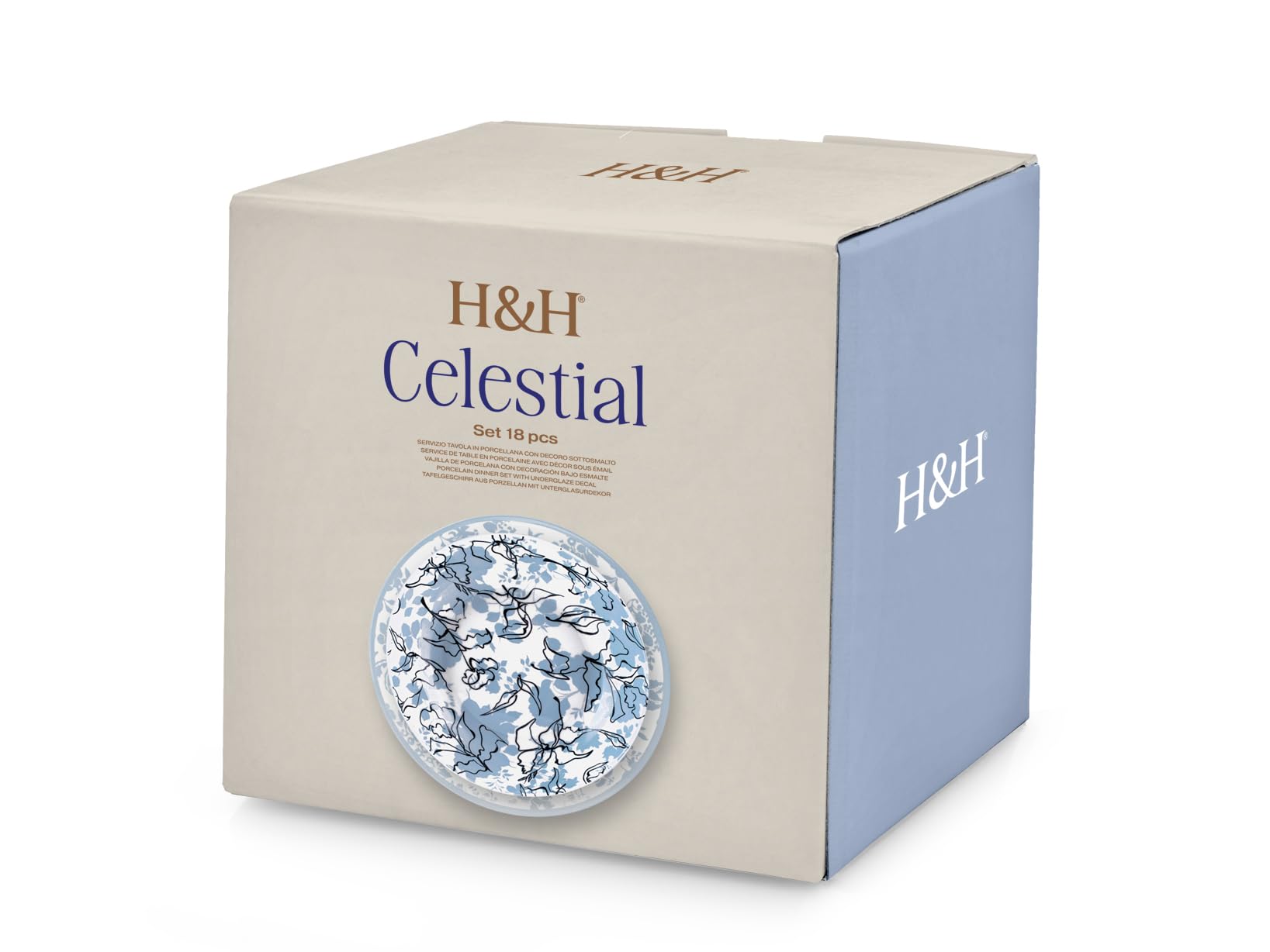 H&H Servizio Tavola Celestial 18 Pezzi in Porcellana - Piatti Piani, Fondi e Frutta con Decorazione Floreale Carta da Zucchero - Adatto Lavastoviglie e Microonde