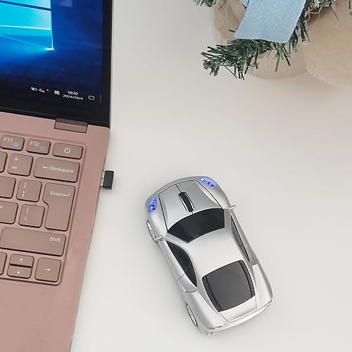 Miniatura 3 de Ratón inalámbrico para coche, ratón deportivo en forma de coche para computadora, laptop, PC, Mac con luz LED (plateado)