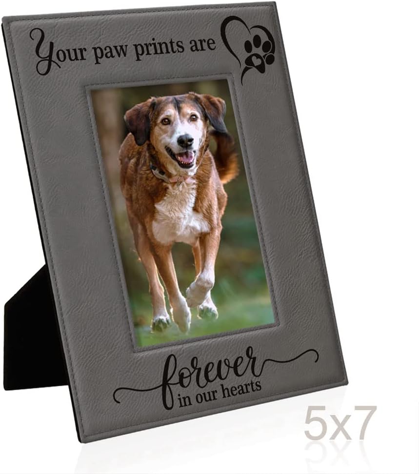 KATE POSH - Your Paw Prints are Forever in our Hearts. Engraved Leather Picture Frame. Memorial Pet Gift, Loss of Dog and Cat, Pet sympathy gift, In memory of (5" x 7" Vertical)