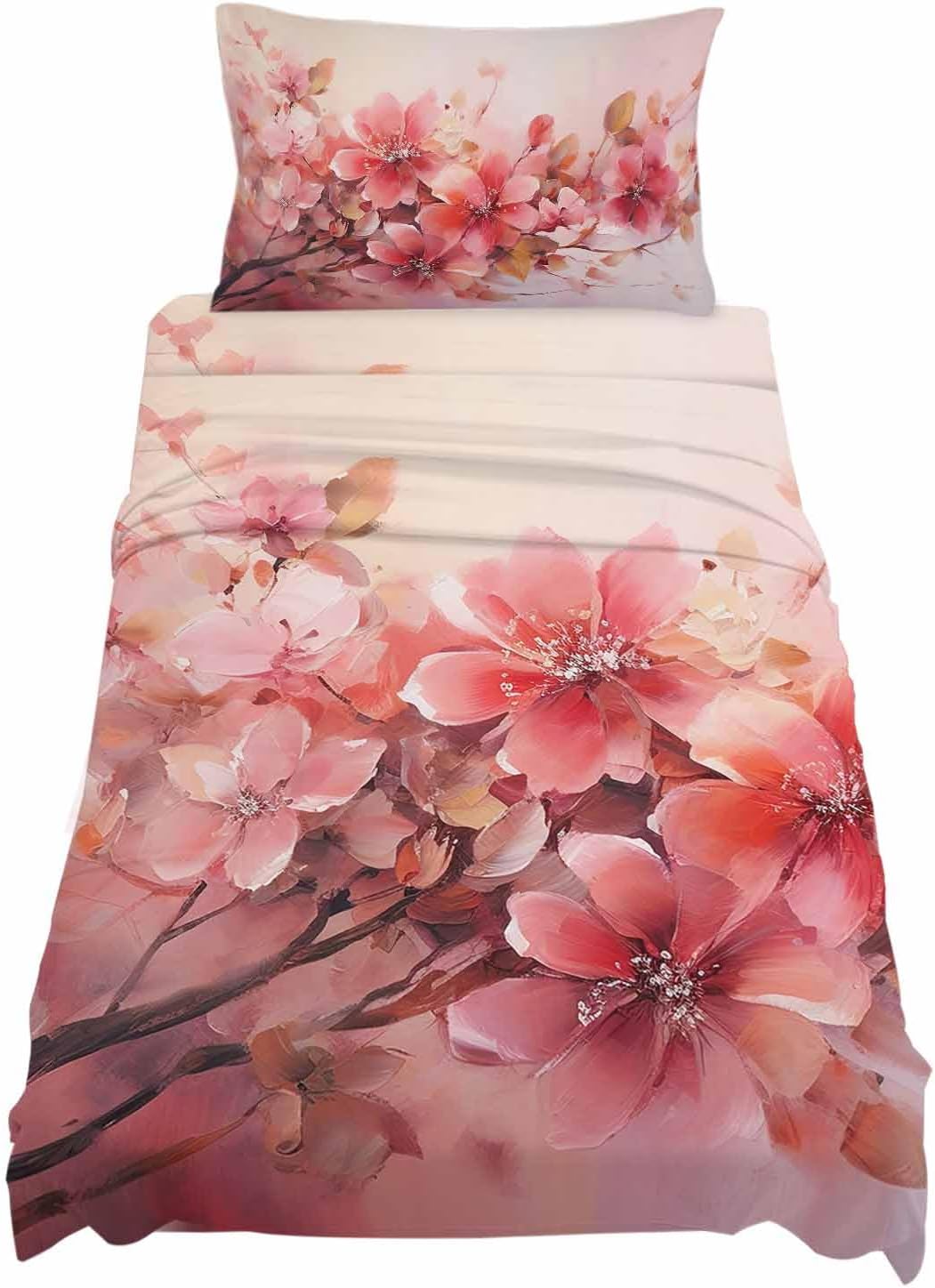 Twin Sheets Set - Pink Ombre Flower Luxurious Bed Sheets for Twin Bed, Watercolor Spring Floral Botanical 3 Pieces Bedding Sets 1 Flat Sheet and 1 Fitted Sheet with Deep Pocket, 1 Pillowcase