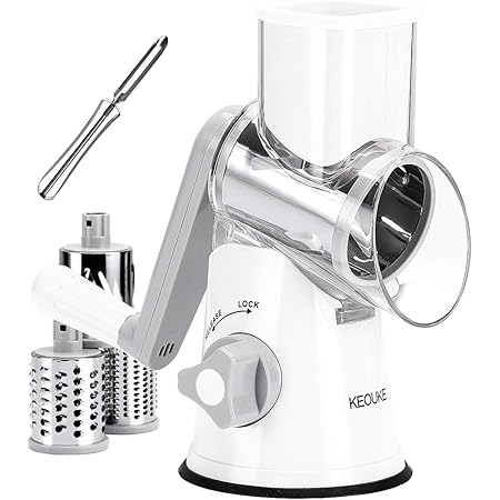 KEOUKE Vegetable Cheese Grater Slicer - Rotary Handheld Grater Shredder Grinder with a Stainless Steel Peeler (White)
