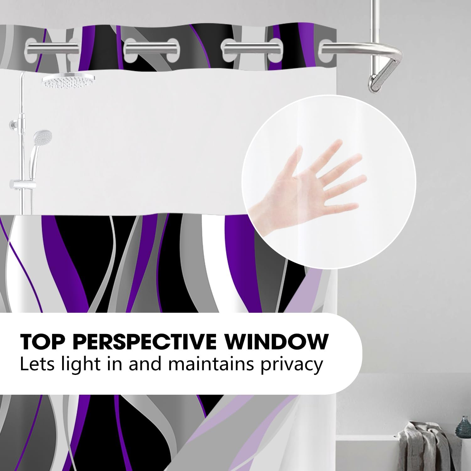 Nkzply No Hook Shower Curtain and Liner Set Purple Striped Shower Curtain with Snap in Liner Fabric Modern Black Grey Bathroom Set See Through Top Window Washable 71x74 Inch