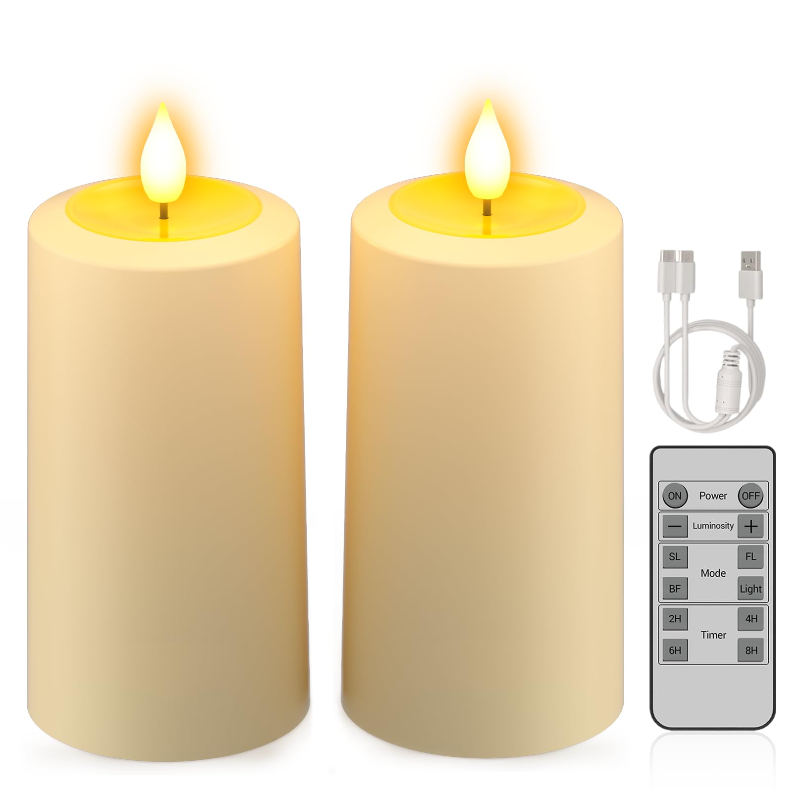 PChero Rechargeable Candles - 2 Pack Large Flameless LED Pillar Candles Flickering with Remote & Timer, Outdoor IP64 Waterproof for Garden Camping Home Wedding Halloween Christmas Decor - 7cm x 13cm — image 1