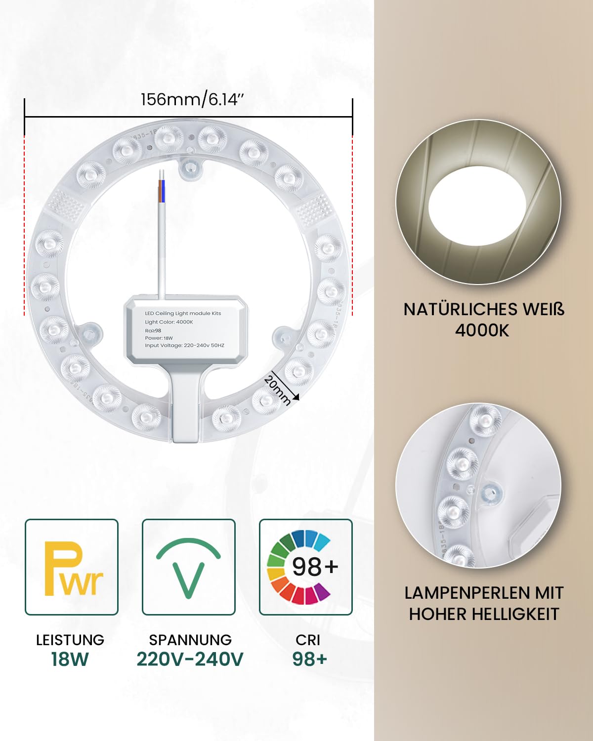 DoRight Moduł LED 18 W, 230 V, zestaw do wymiany lamp sufitowych, naturalna biel, 4000 K, nadaje się do obudowy lampy sufitowej z uchwytem magnetycznym z żelaza CRI 98+, do kuchni, salonu, centrum