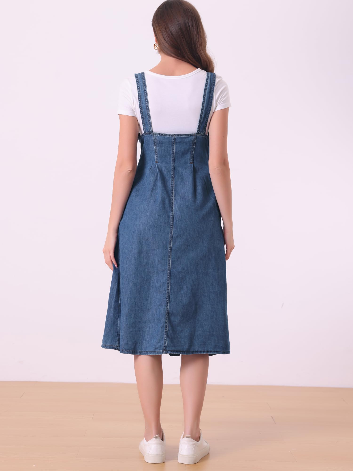 Allegra K Robe Salopette en Jean Femme à Bretelles Robe Midi Boutonnée Combinaison Vintage Classique Col en U Robe Mi-Longue en Jean avec Poches