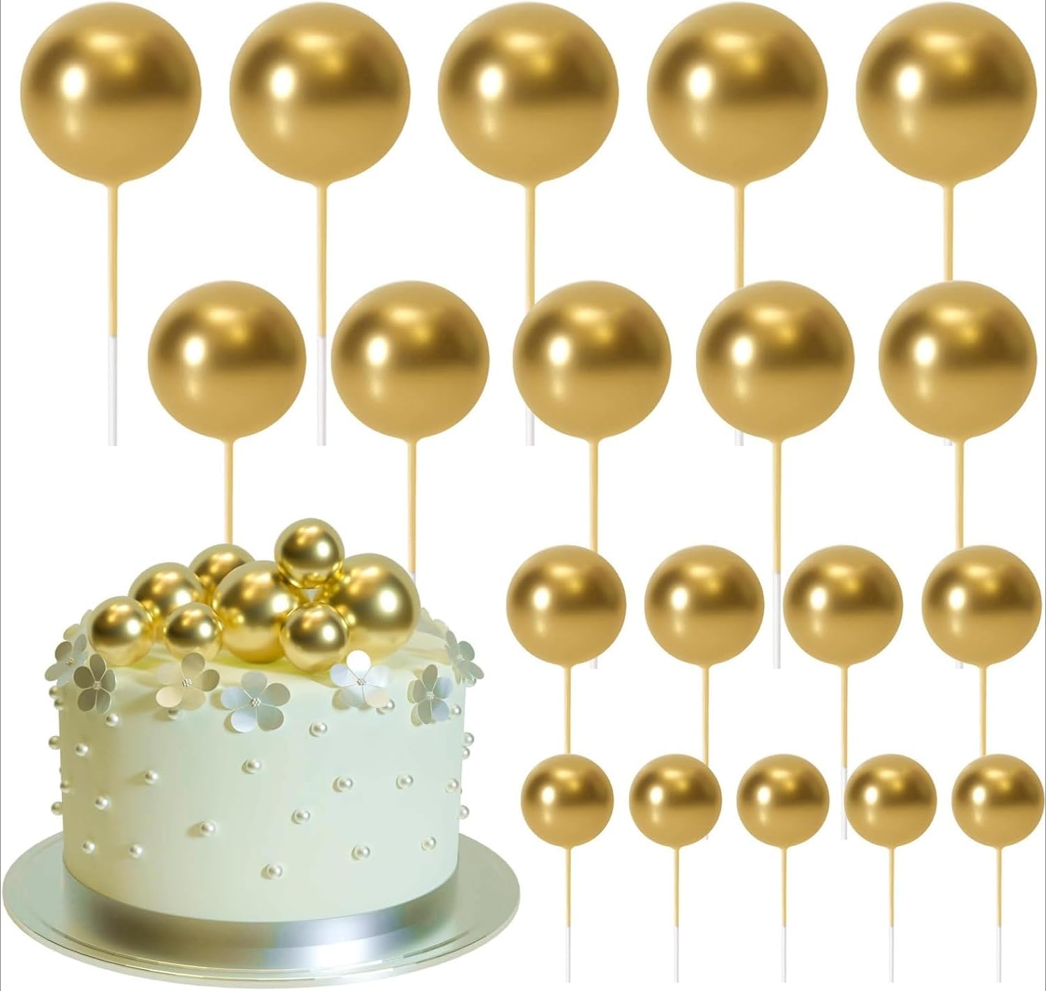 20 PCS Ball Cake Topper Decorations Balls Cake Picks Cupcake Topper Sticks Decoration Cupcake Toppers for Birthday Party Decorations Supplies(Gold)