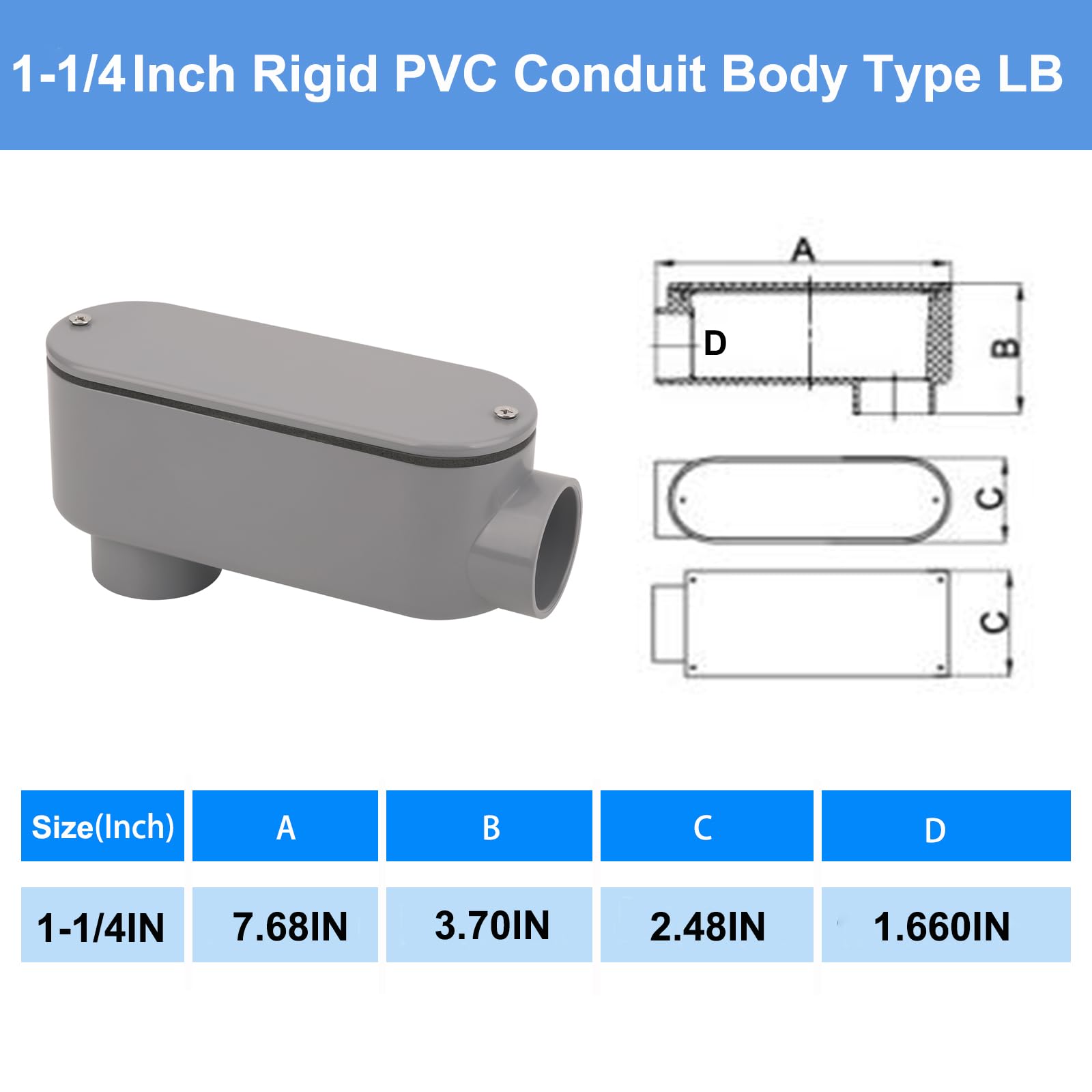 2Pack 1-1/4 Inch Rigid PVC Conduit Body Type LB (Slip x Slip) 1.25IN PVC Conduit Bodies LB Type with Cover and Gasket, Gray — Amazon image 2