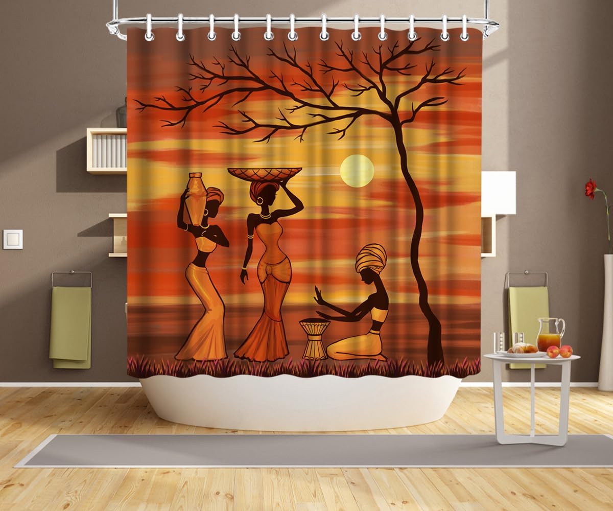 RnnJoile African Woman Shower Curtain Set Traditional African Girls Labouring Under Sunset Tree Curtain African Custom Fabric Bathroom Decor with Hooks 72"X72" Inches Yellow Burnt Orange