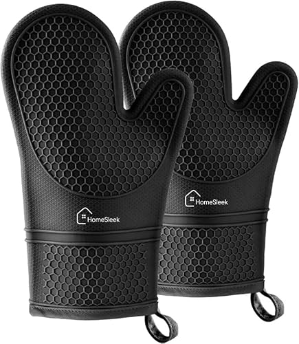 HomeSleek Silicone Oven Mitts, Heat Resistant Oven Gloves-1-Pair, Ribbed Soft Thick Cotton Lining, Non-Slip Grip, Baking Grilling & Kitchen Gloves, BPA Free mits,BBQ mitt 11.4 X 7.1 inch 2PCS Black