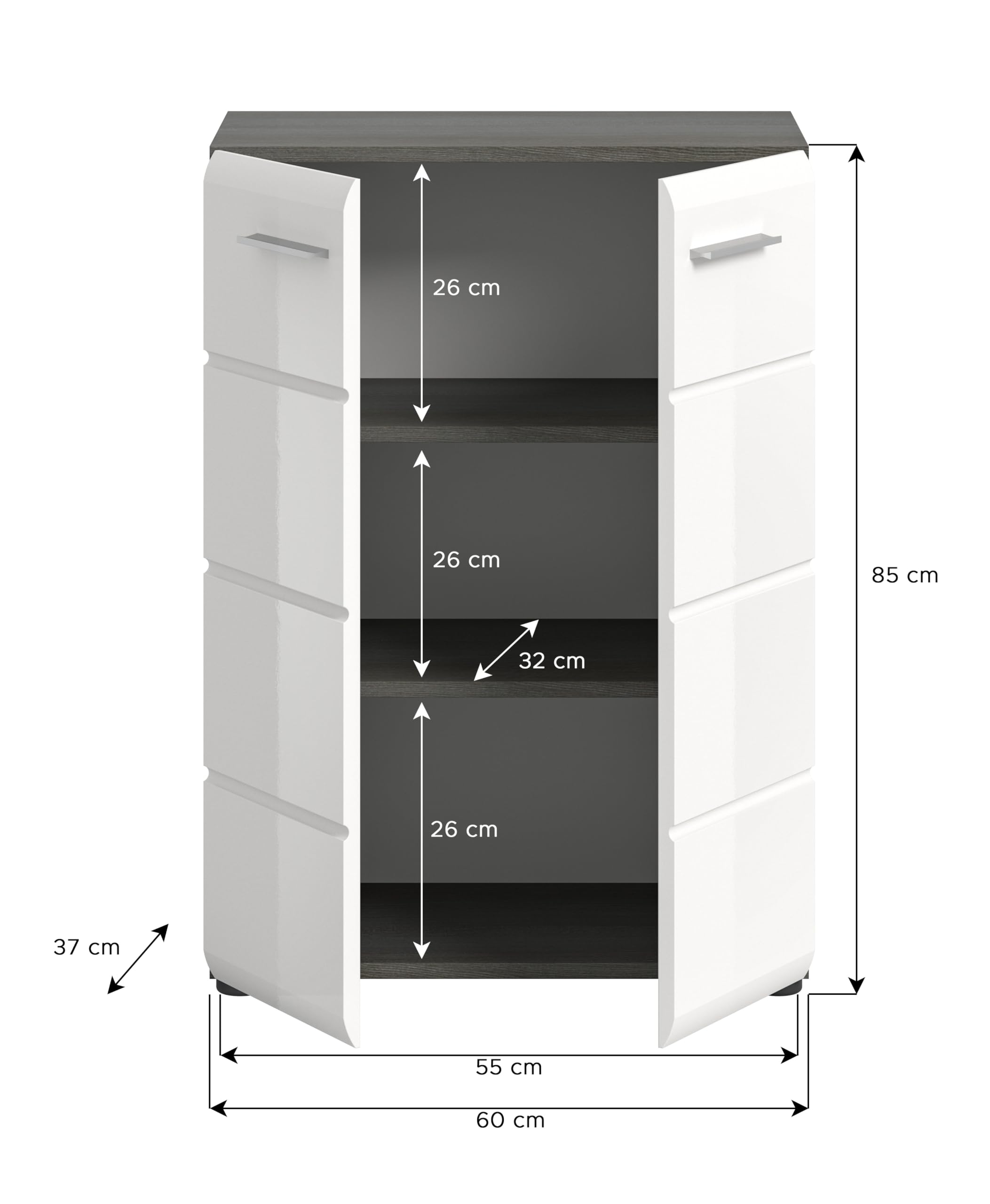 xonox.Home - Kommode Salsa 60x85x37 cm in Rauchsilber und weiß Hochglanz - Schrank Beischrank Highboard Anrichte Sideboard - Pflegeleichte Oberfläche