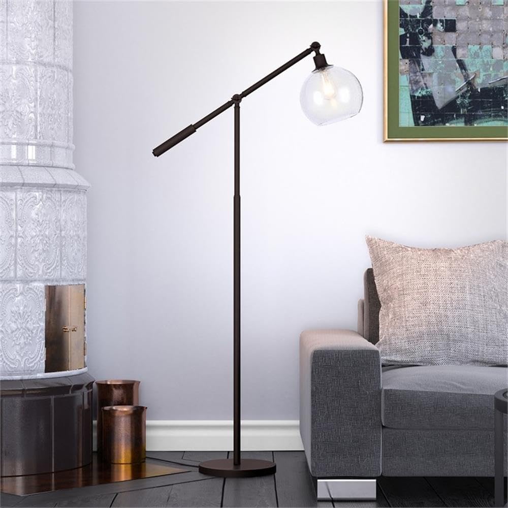 Pemberly Row Adjustable Metal Floor Lamp, 60.62", Seeded Glass Shade, Blackened Bronze Finish, Modern Farmhouse Style, Steel Frame, Industrial Lighting for Living Room, Bedroom, Office, or Dining Room