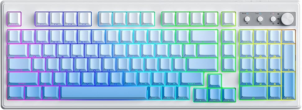 FREEWOLF K100 99 Keys Gaming Membrane Wireless Keyboard with Media Knob,Tri-Mode BT/2.4GHz/USB-C,Side Printed Keys RGB Backlit Retro Cute Creamy Silent Computer Keyboard for MAC PC- Gradient Blue