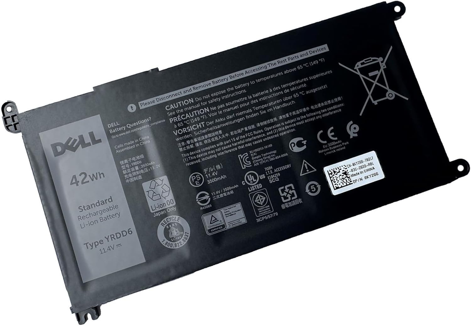 DELL YRDD6 11.4V 42Wh 3-Cell Battery For DELL Inspiron 3493 3582 3583 3584 3593 3793 5480 5482 5485 5488 5491 5493 5585 5590 5591 5593 5594 5598 ,Vostro 3491 5481 5581 5490 5590,Latitude 3310 2-in-1