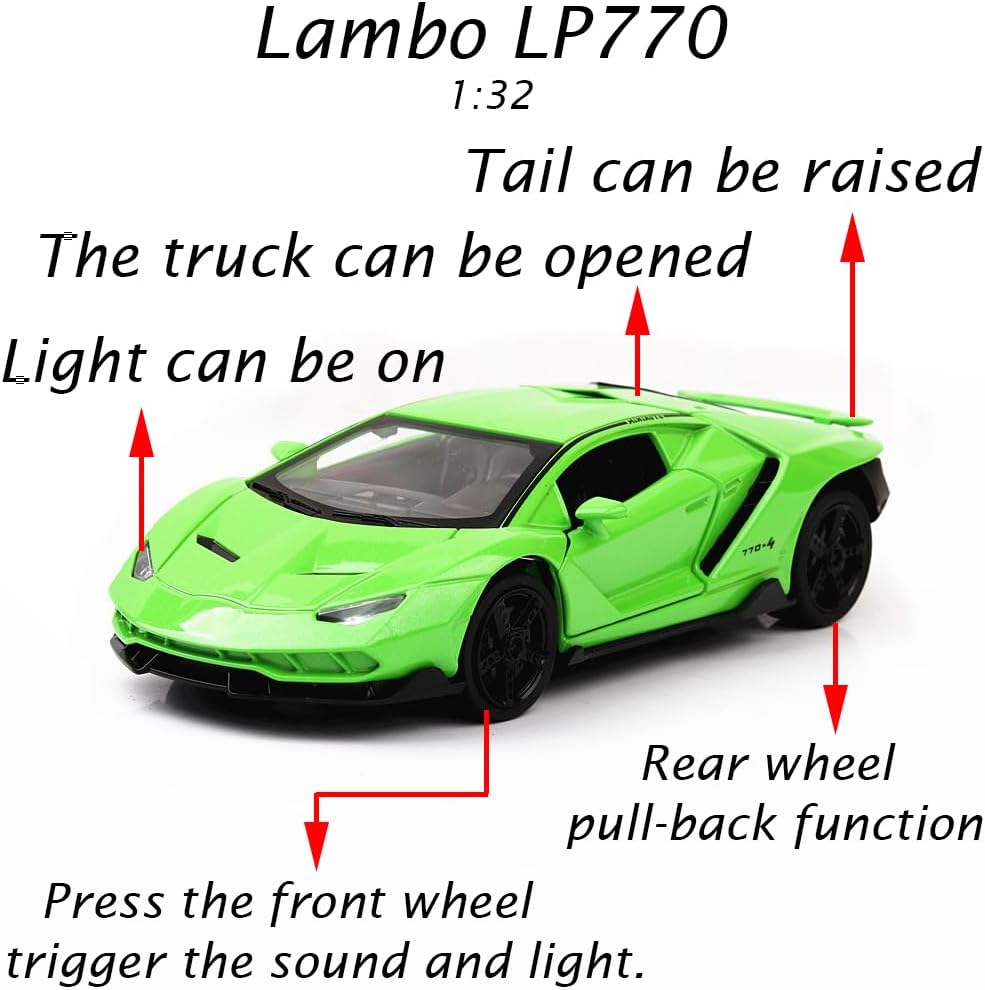 Alloy Collectible Green Lambo Toy Cars Model Pull Back Vehicles Diecast with Light & Sound