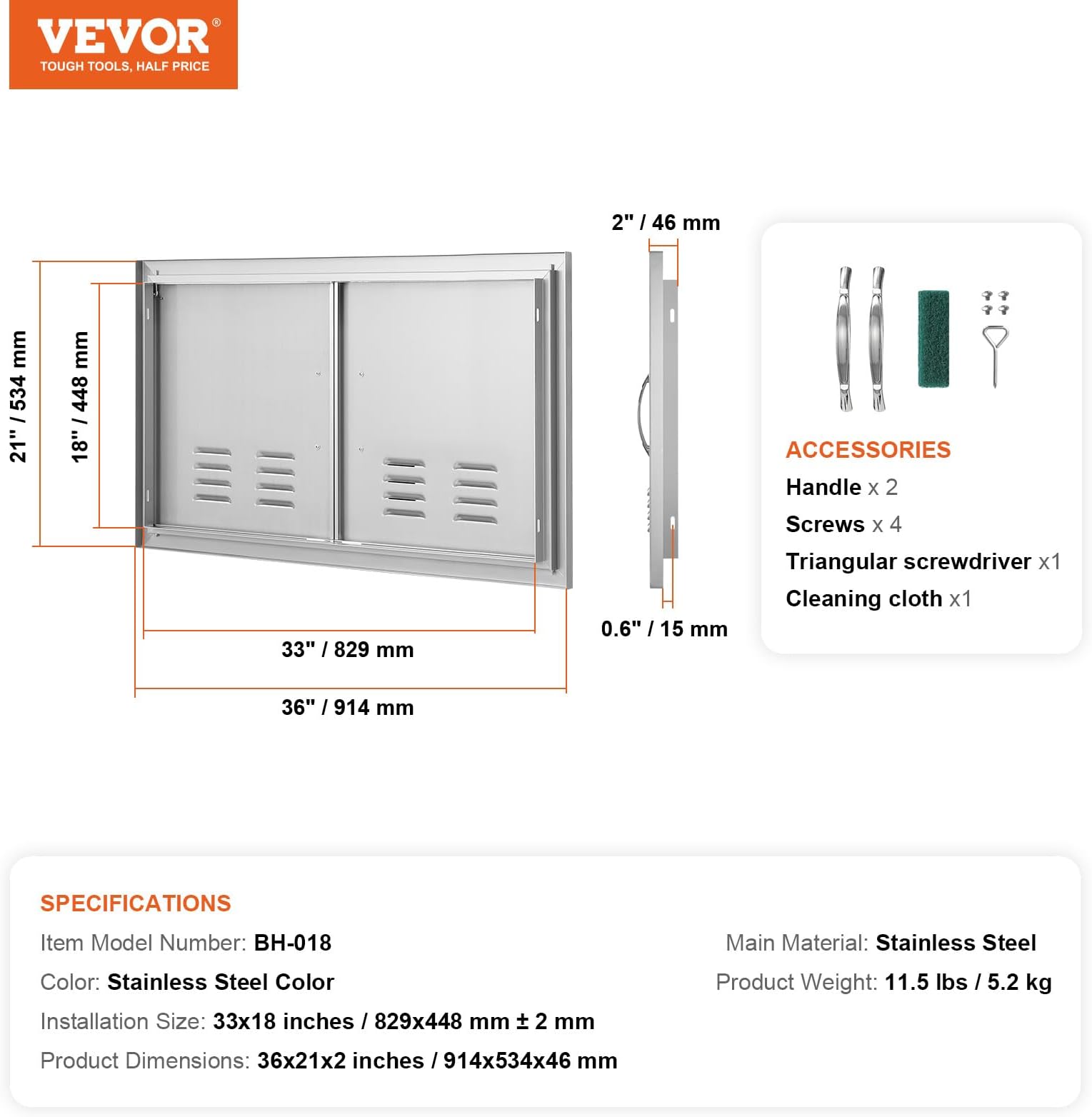 VEVOR BBQ Access Door, 36W x 21H Inch Double Outdoor Kitchen Door, Stainless Steel Flush Mount Door, Wall Vertical Door with Handles and Vents, for BBQ Island, Grilling Station, Outside Cabinet